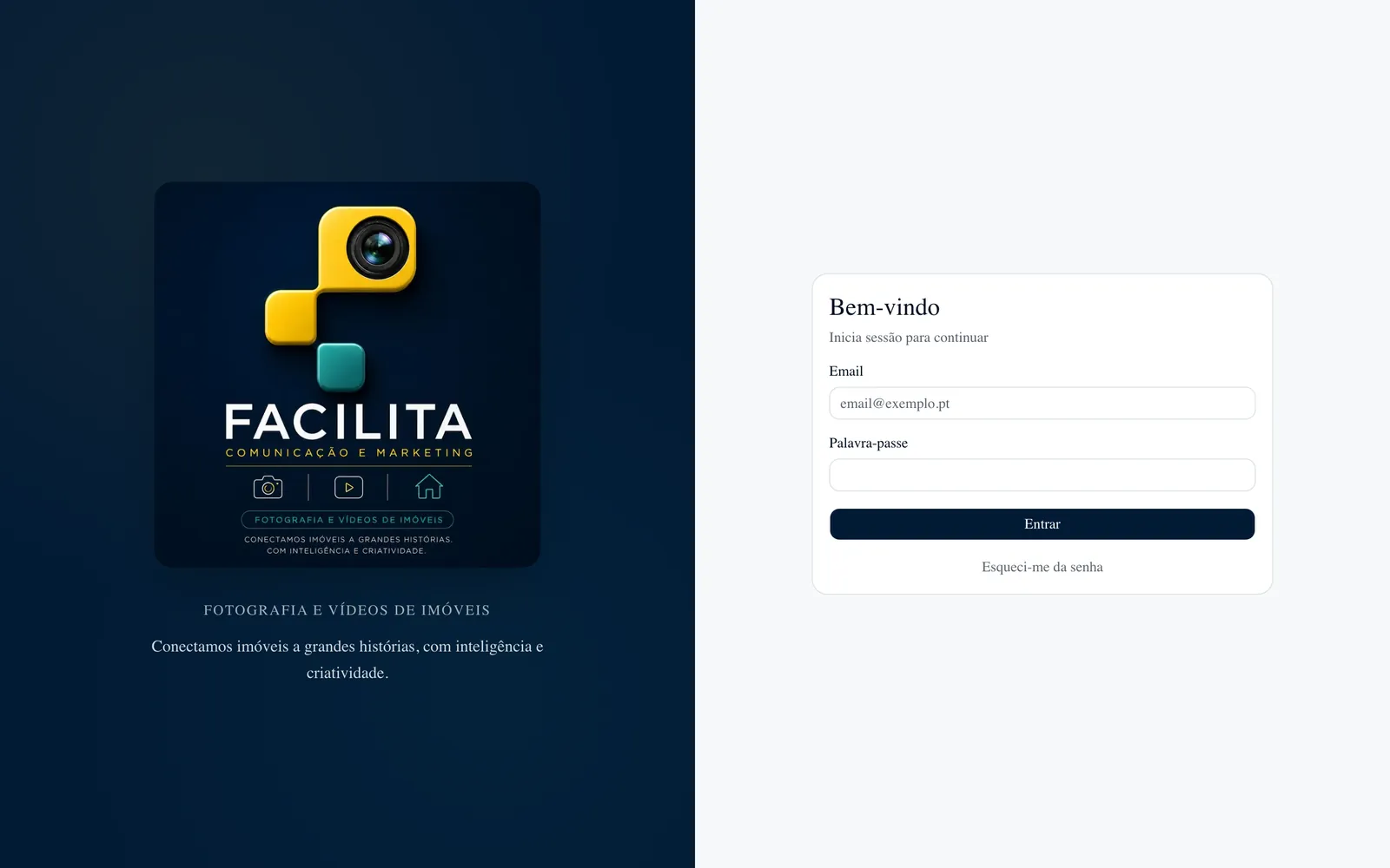 Tela de entrada do Facilita CRM, com a marca da empresa à esquerda e o formulário de login à direita