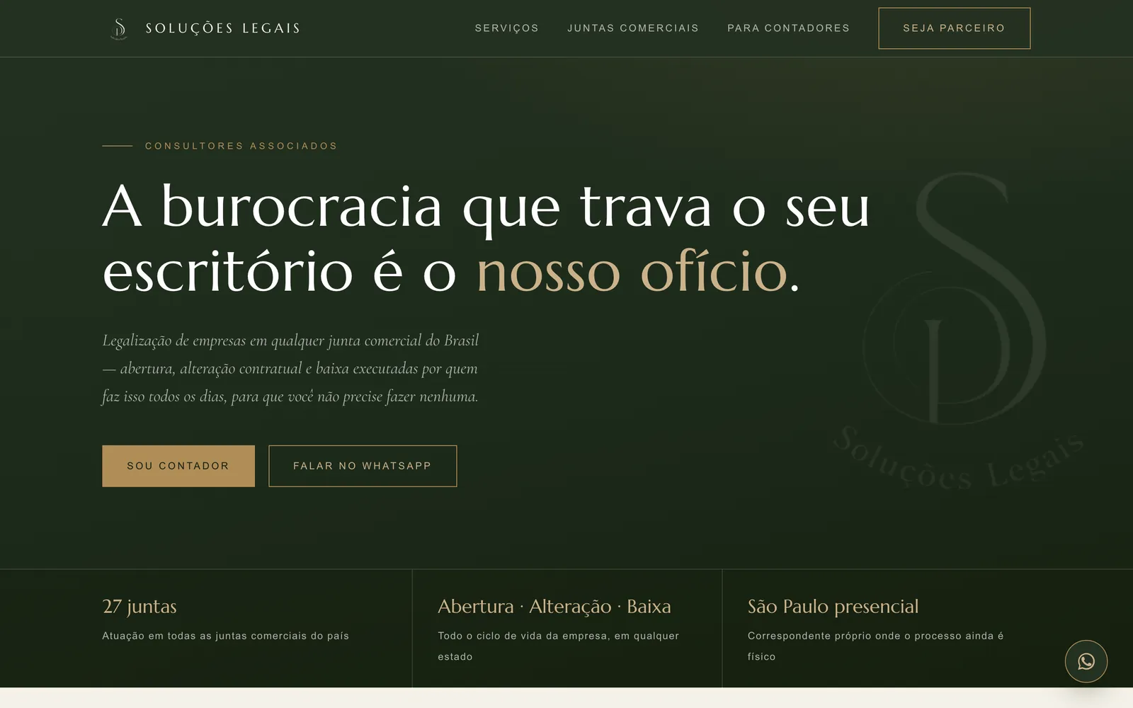 Página inicial do site da SP Soluções Legais, com o título: a burocracia que trava o seu escritório é o nosso ofício