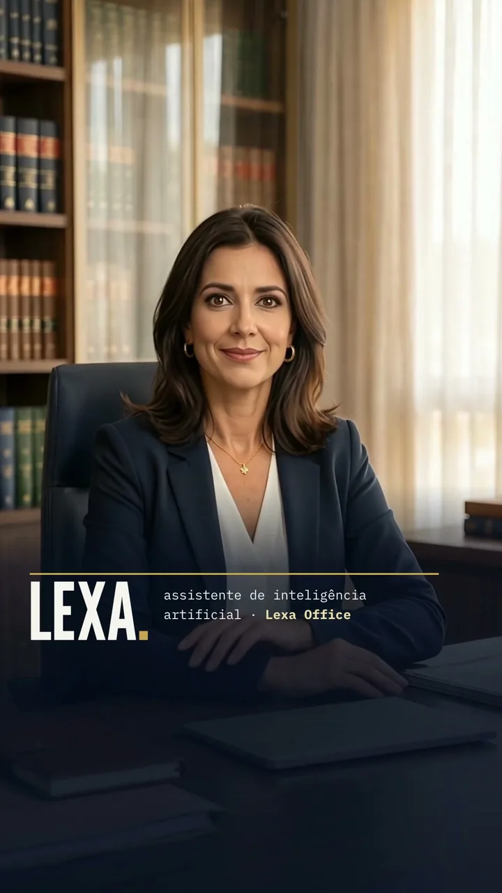 A Lexa, assistente de inteligência artificial do Lexa Office, sentada à mesa em um escritório de advocacia